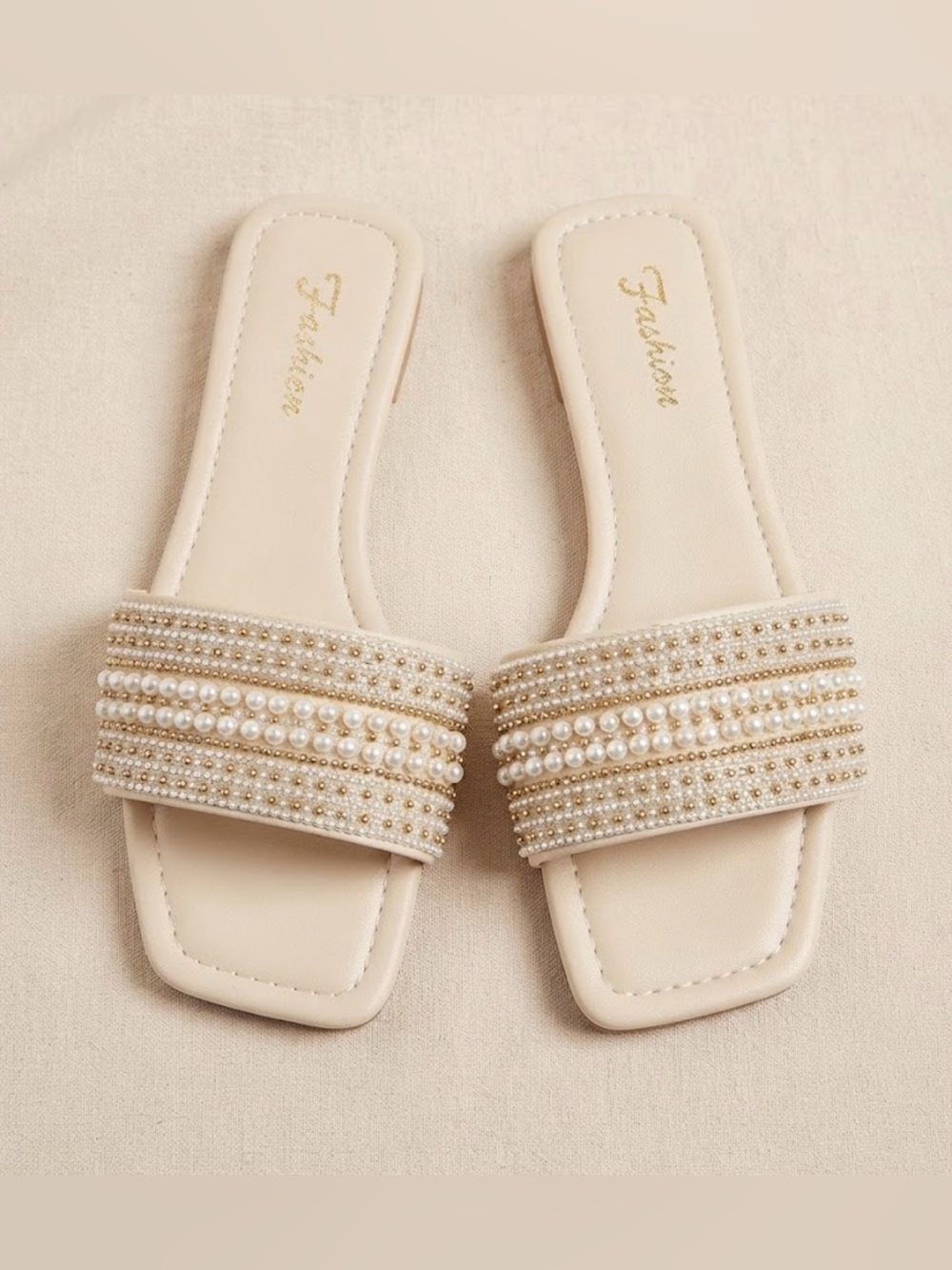 Faux Pearl Ecru Flat Sandals | Size 8 (40)
